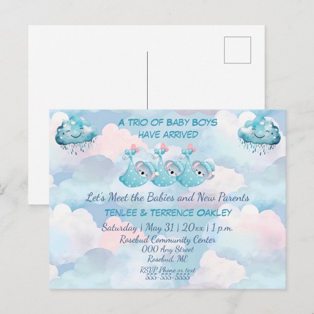 Triplet Baby Boys Blue Shower Invitation Postcard (Front/Back)