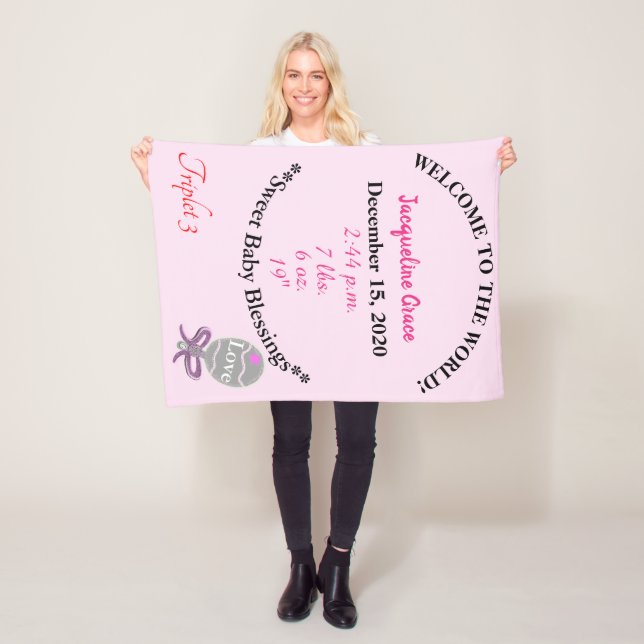 Triplet Baby Girl Pink Rattle Fleece Blanket (In Situ)