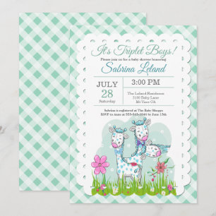 Triplet Boys Adorable Giraffes Baby Shower Invitation