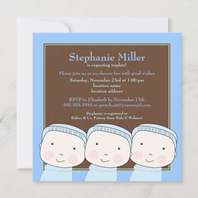 Triplet Boys Blue 3 Baby shower Invitation (Devant)