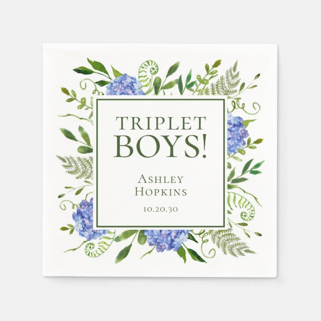 Triplet Boys Blue Hydrangeas Baby Shower Napkin (Front)