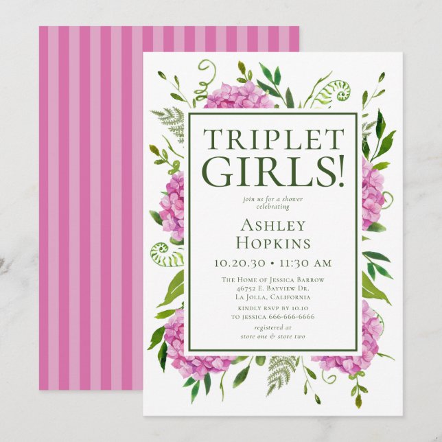 Triplet Girls Pink Hydrangeas Baby Shower  Invitation (Front/Back)