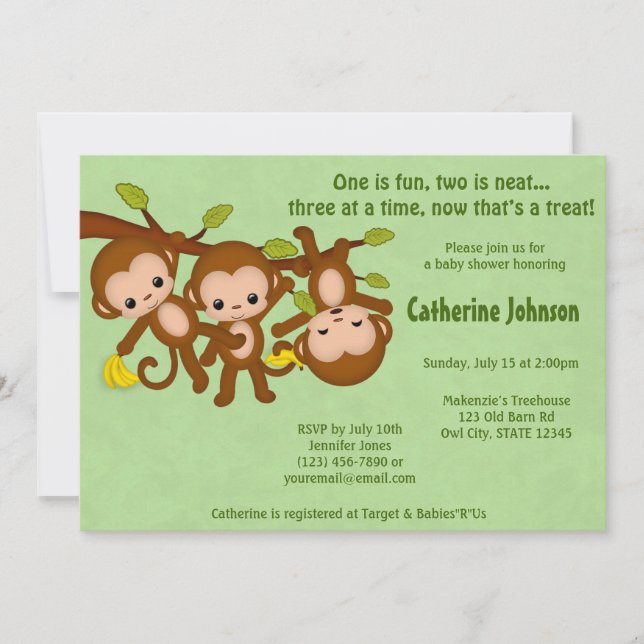 TRIPLET Monkeys Baby Showbacks Invitations VERT MM (Devant)