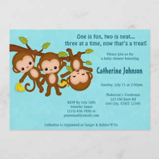 TRIPLET Monkeys Baby Shower Invitations BLUE MM2