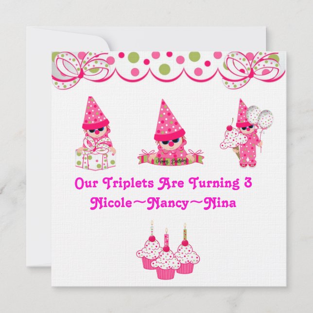 Triplets are Turning Three Birthday Invites (Front)