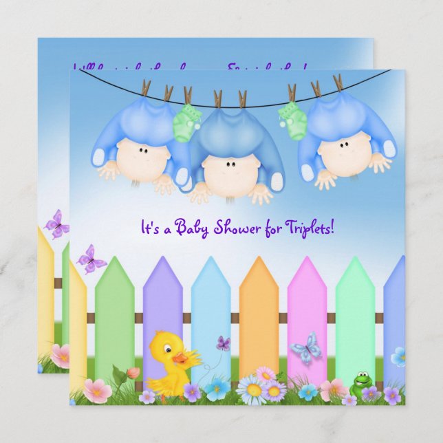 Triplets Baby Boy Shower Invitation (Front/Back)
