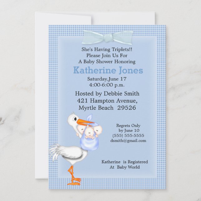 Triplets Baby Boy Shower Invitation(Stork) Invitation (Front)