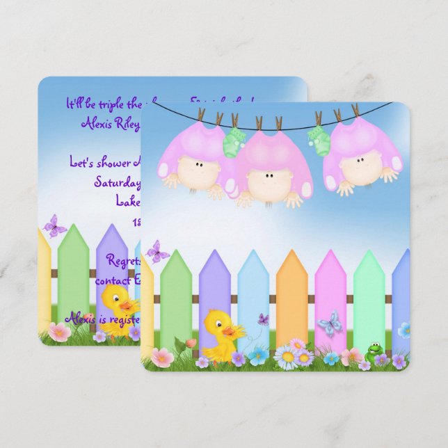 Triplets Baby Girl Shower Invitation (Front/Back)