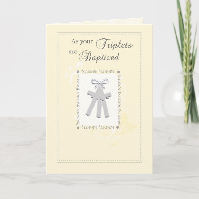 Triplets Baptism Card in Yellow with 3 Crosses (Front)