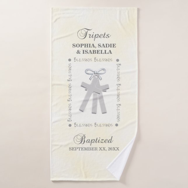 Triplets Baptism on Yellow 3 Crosses Personalized Bath Towel (Bath Towel)