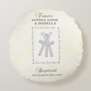 Triplets Baptism on Yellow 3 Crosses Personalized Round Pillow