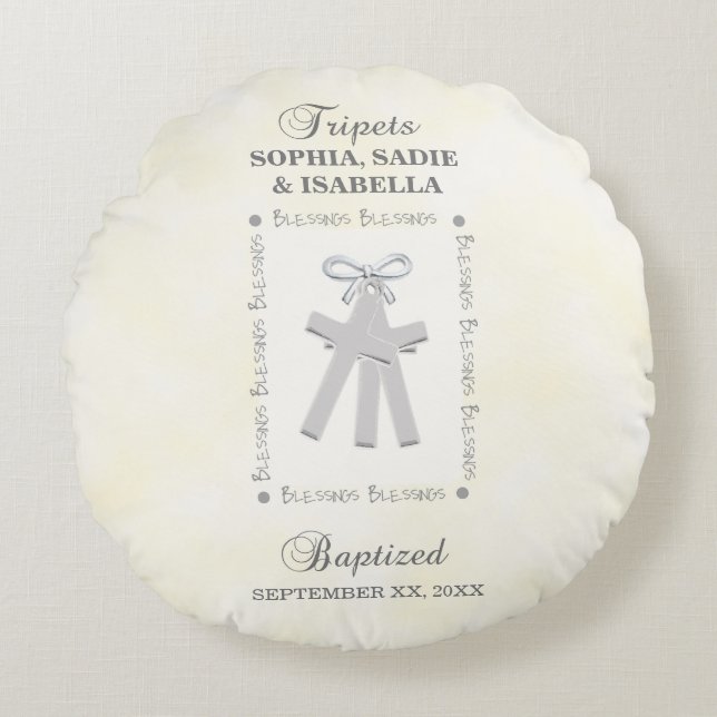 Triplets Baptism on Yellow 3 Crosses Personalized Round Pillow (Front)