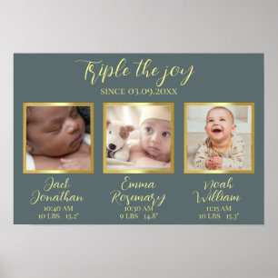 Triplets birth new parents gift wall decor Poster