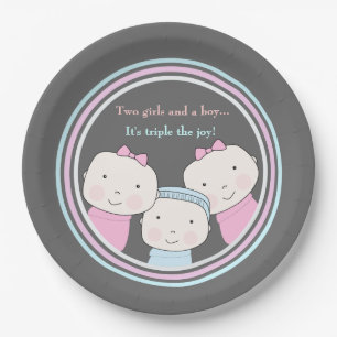 Triplets Girl Boy Pink Blue Baby Joy Trio Paper Plate