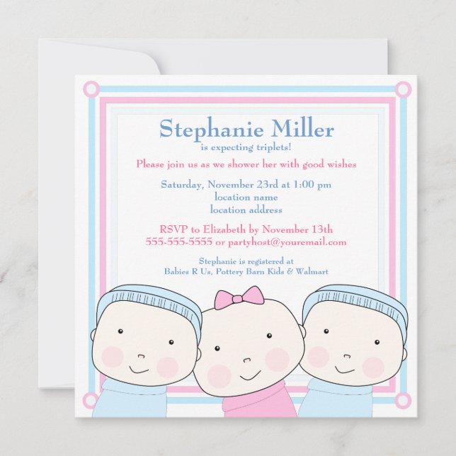 Triplets Girl Boy Pink Blue Baby Shower Invitation (Front)