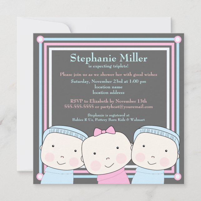 Triplets Girl Boy Pink Blue Baby Shower Invitation (Front)