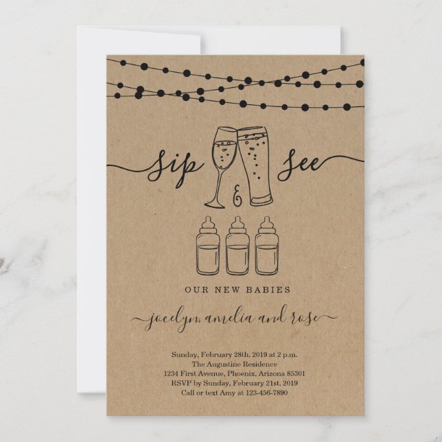 Triplets Sip & See Bubbles & Brews Invitation (Front)