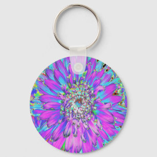 Trippy Abstract Aqua, Lime Green and Purple Dahlia Keychain