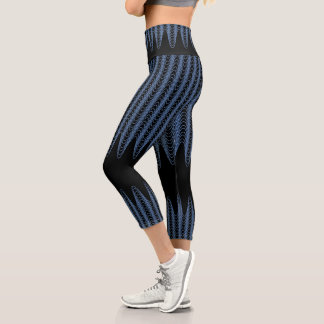 Trippy Black and Blue Wavy Stripes Abstract Cool Capri Leggings