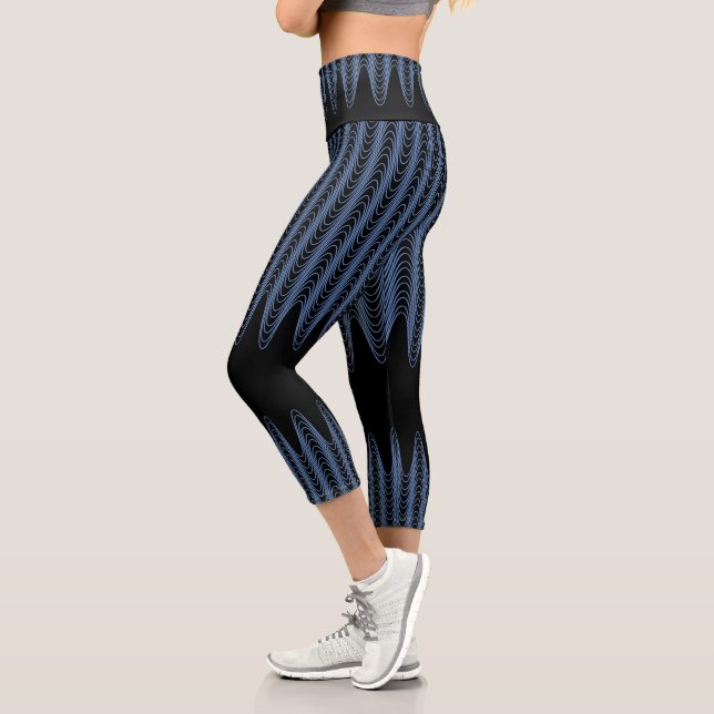 Trippy Black and Blue Wavy Stripes Abstract Cool Capri Leggings (Left)