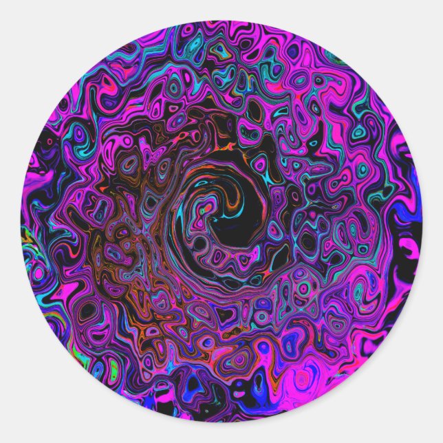 Trippy Black and Magenta Retro Liquid Swirl Classic Round Sticker (Front)