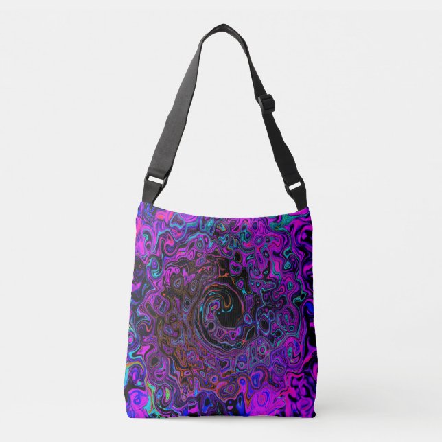 Trippy Black and Magenta Retro Liquid Swirl Crossbody Bag (Front)
