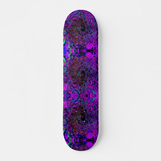 Trippy Black and Magenta Retro Liquid Swirl Skateboard (Front)
