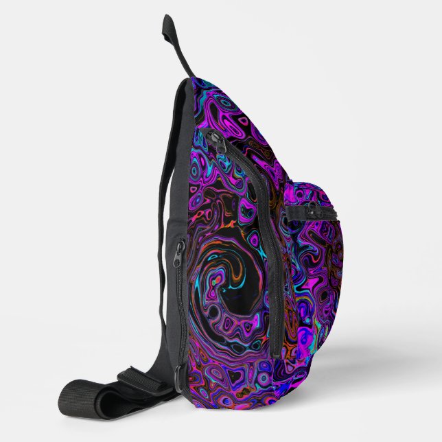 Trippy Black and Magenta Retro Liquid Swirl Sling Bag (Left)