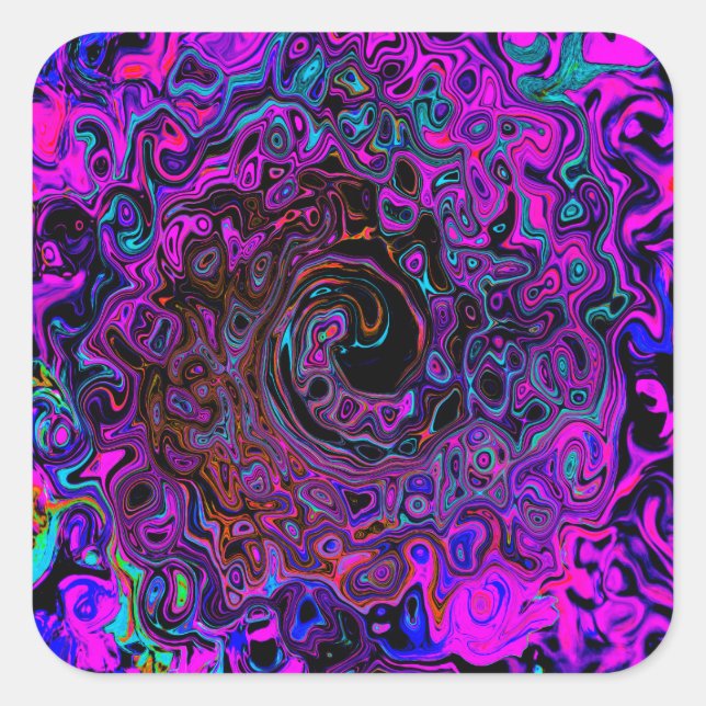 Trippy Black and Magenta Retro Liquid Swirl Square Sticker (Front)