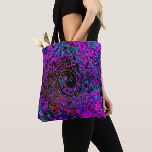 Trippy Black and Magenta Retro Liquid Swirl Tote Bag