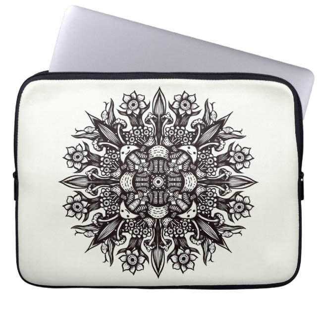 Trippy black and white cool psychedelic mandala laptop sleeve (Front)