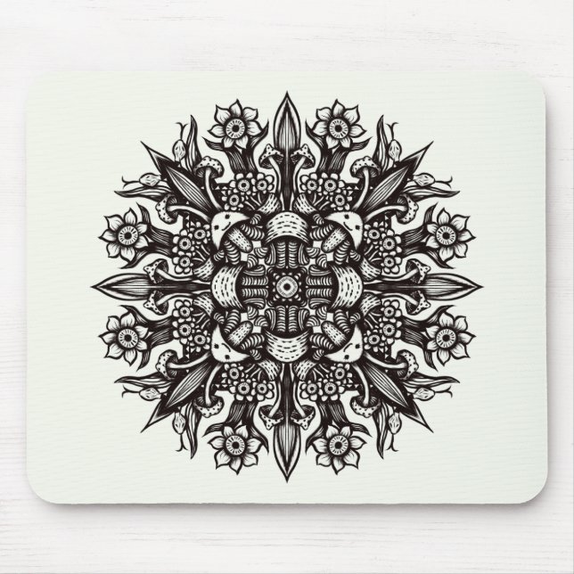 Trippy black and white cool psychedelic mandala mouse pad (Front)