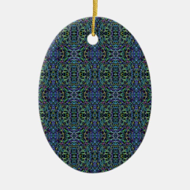 Trippy Blue Green Quilt Geometric Ceramic Ornament (Front)