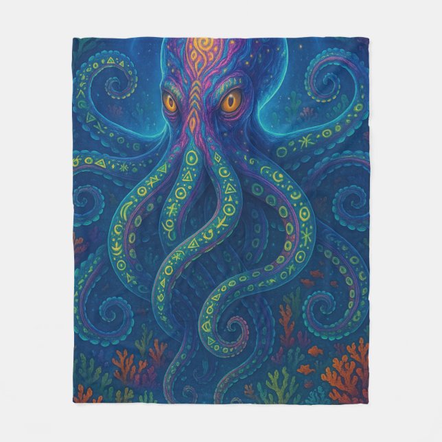 Trippy Blue Octopus  Fleece Blanket (Front)