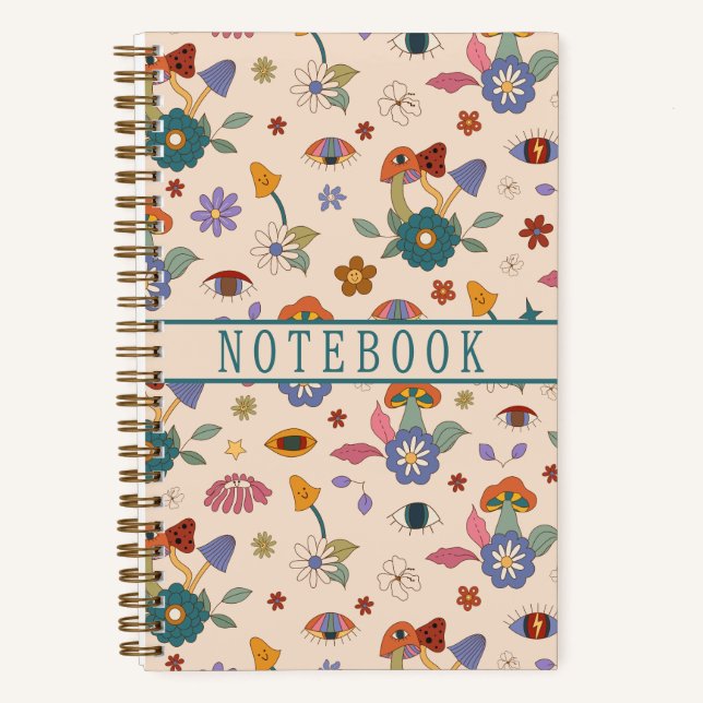 Trippy Boho Psychedelic Mushroom and Eyes Notebook (Front)