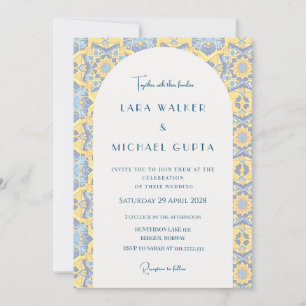 Trippy Bright Blue And Yellow Italian Tile Wedding Invitation