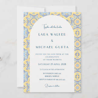 Trippy Bright Blue And Yellow Italian Tile Wedding Invitation