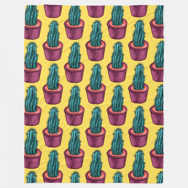 Trippy Cactus Pattern Yellow Weird Psychedelic Fleece Blanket (Front)