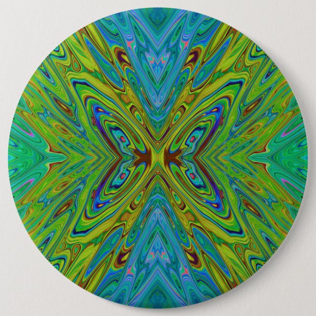 Trippy Chartreuse and Blue Abstract Butterfly 6 Inch Round Button (Front)