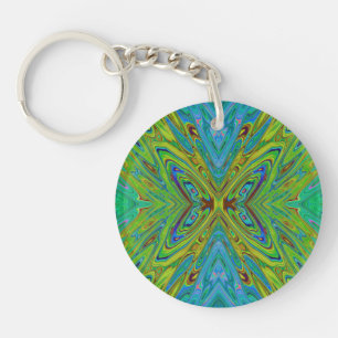 Trippy Chartreuse and Blue Abstract Butterfly Keychain