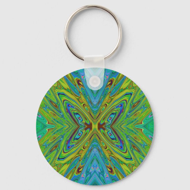 Trippy Chartreuse and Blue Abstract Butterfly Keychain (Front)