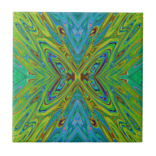 Trippy Chartreuse and Blue Abstract Butterfly Tile