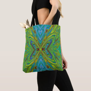 Trippy Chartreuse and Blue Abstract Butterfly Tote Bag