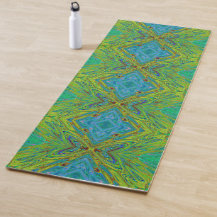 Trippy Chartreuse and Blue Abstract Butterfly Yoga Mat