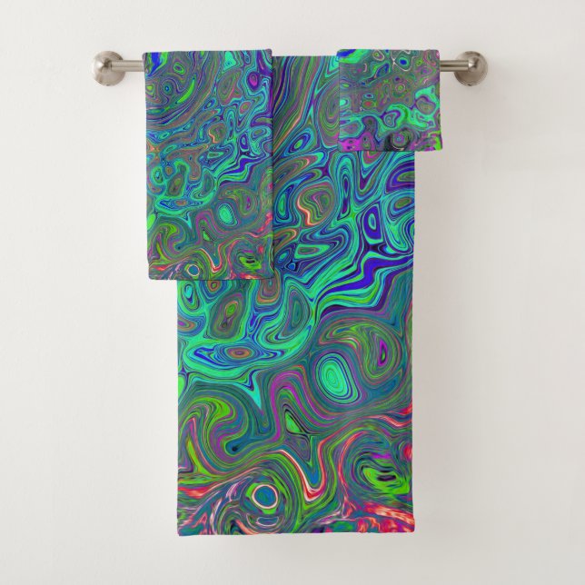 Trippy Chartreuse and Blue Retro Liquid Swirl Bath Towel Set (Insitu)
