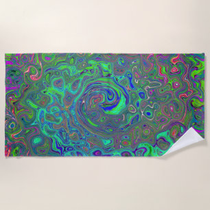 Trippy Chartreuse and Blue Retro Liquid Swirl Beach Towel