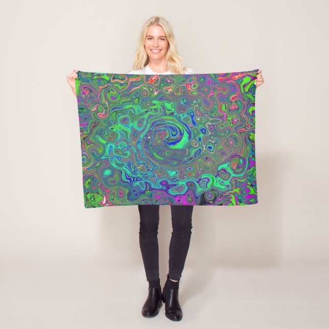 Trippy Chartreuse and Blue Retro Liquid Swirl Fleece Blanket (In Situ)