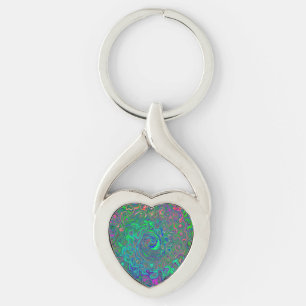 Trippy Chartreuse and Blue Retro Liquid Swirl Keychain