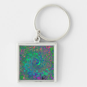 Trippy Chartreuse and Blue Retro Liquid Swirl Keychain