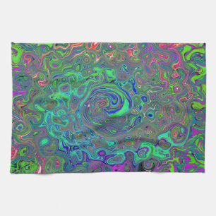 Trippy Chartreuse and Blue Retro Liquid Swirl Kitchen Towel